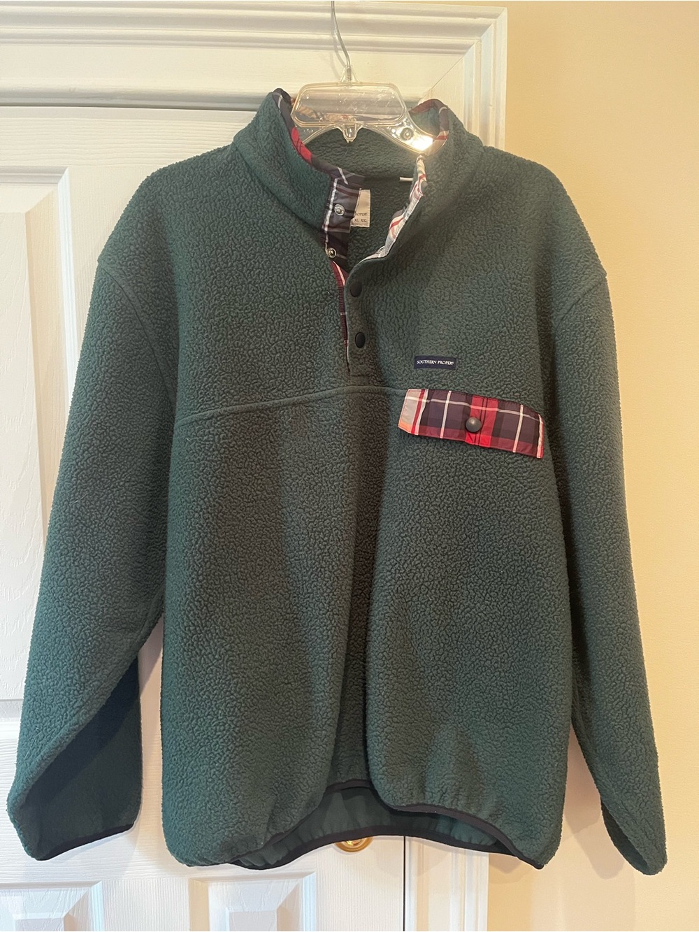 Southern Proper Green Fleece Snap Pullover with Plaid Trim